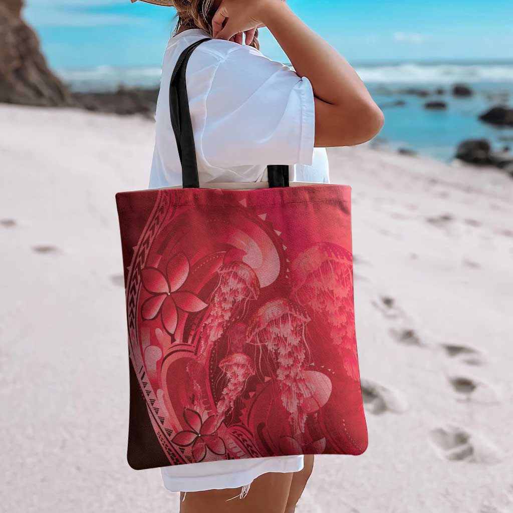 Red Gradient Polynesia Jellyfish Tote Bag Plumeria Polynesian Tattoo Glowing Vibes LT14 - Polynesian Pride
