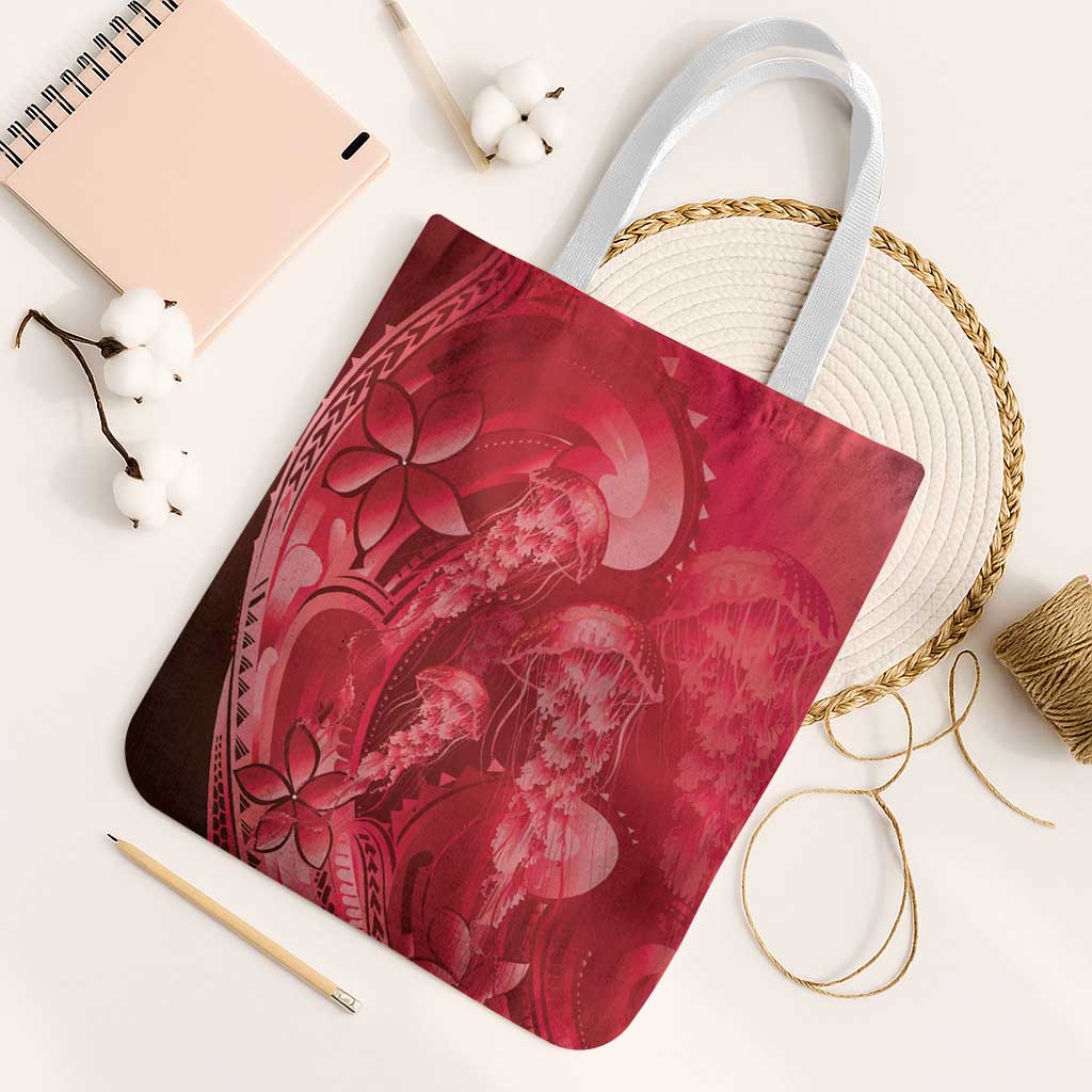 Red Gradient Polynesia Jellyfish Tote Bag Plumeria Polynesian Tattoo Glowing Vibes LT14 White Strap One Size Red - Polynesian Pride