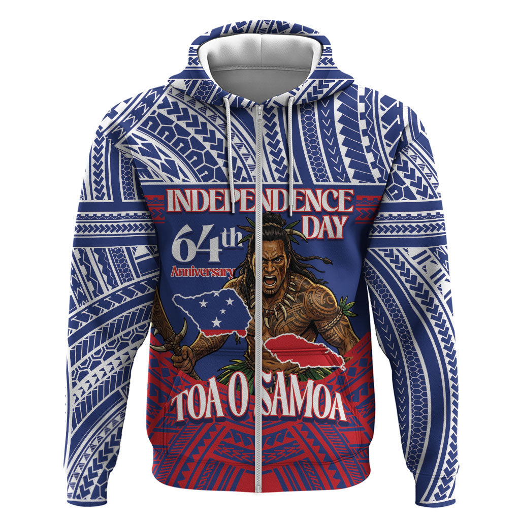 Personalised Samoa Independence Day Zip Hoodie 64th Anniversary Toa O Samoa LT14 Zip Hoodie Blue - Polynesian Pride