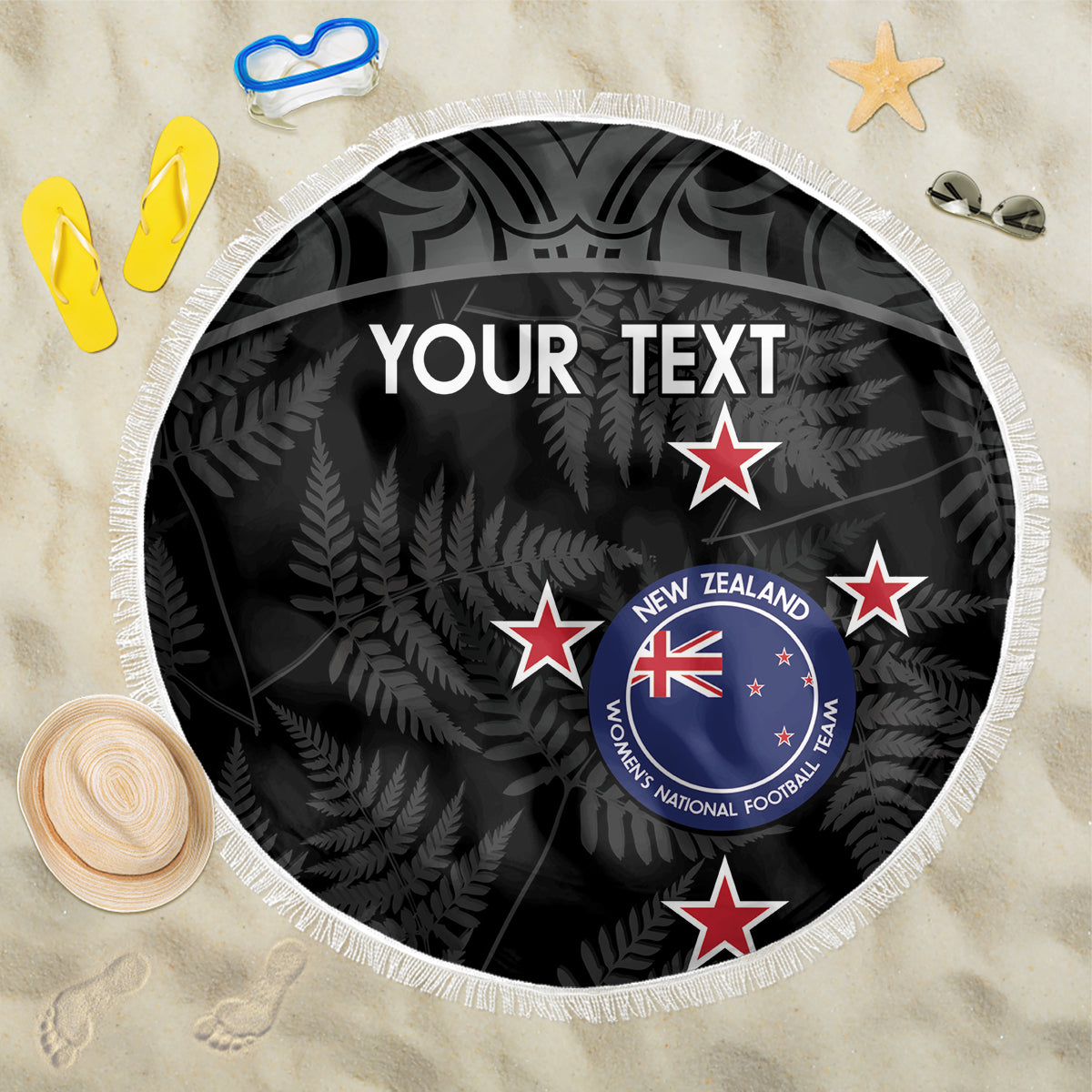 Custom New Zealand Silver Fern Football Beach Blanket Summer 2024 Olympic Go Aotearoa LT14 One Size 150cm Black - Polynesian Pride