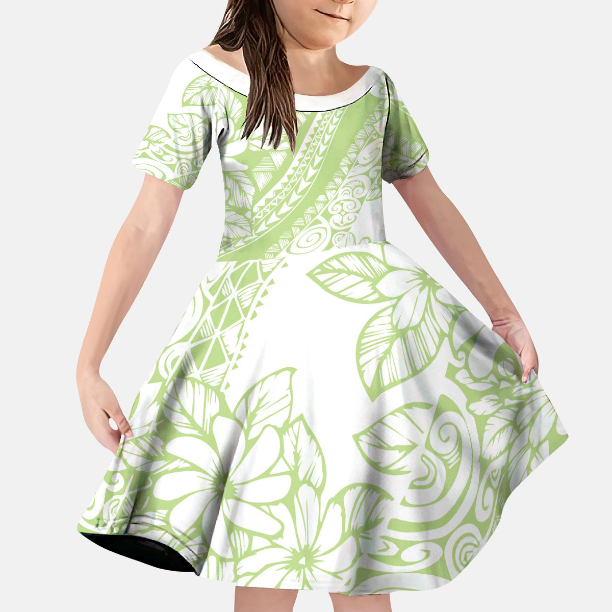 Polynesian Tiare Flower Sage Green Pastel Kid Short Sleeve Dress LT14 KID Sage Green - Polynesian Pride