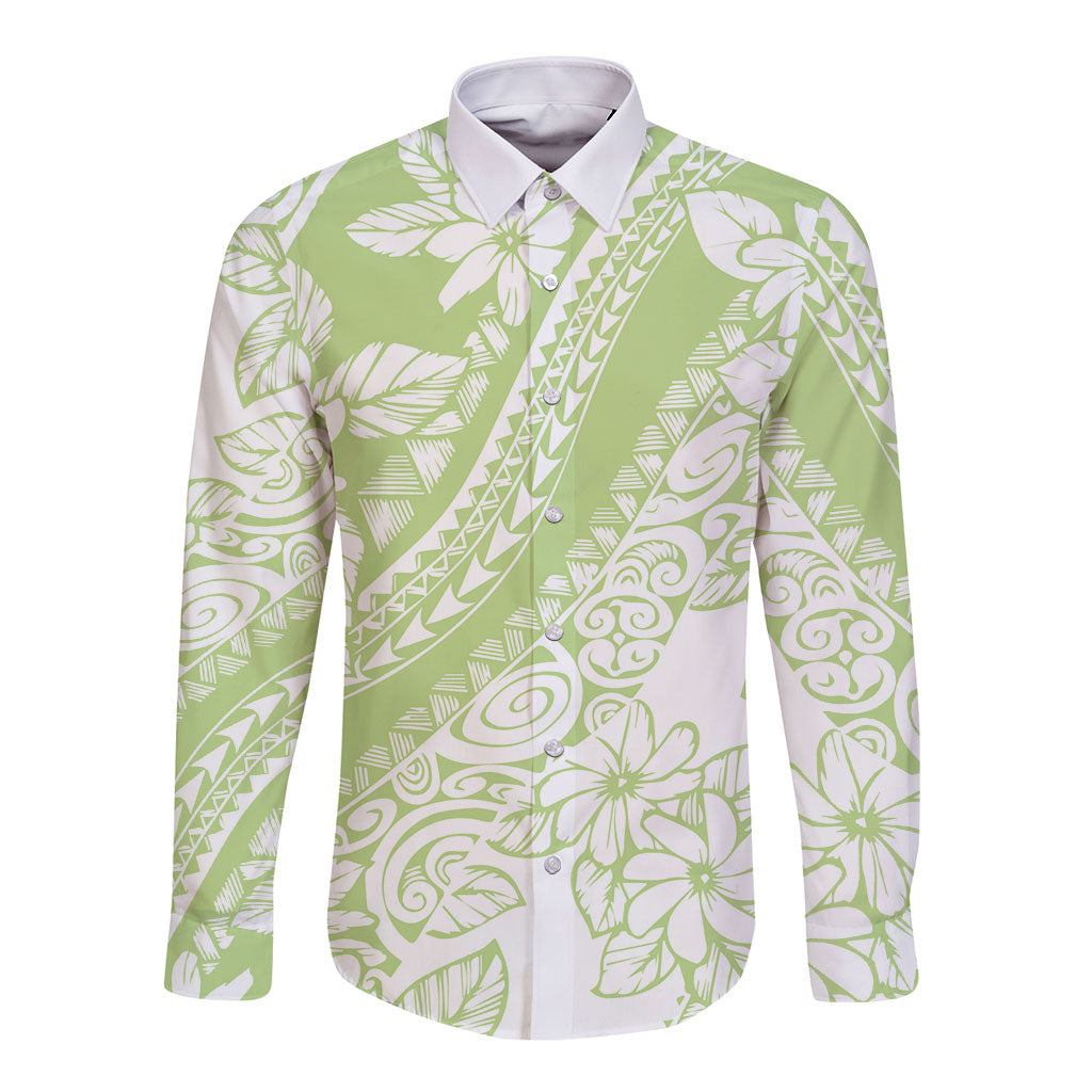 Polynesian Tiare Flower Sage Green Pastel Long Sleeve Button Shirt LT14 Unisex Sage Green - Polynesian Pride