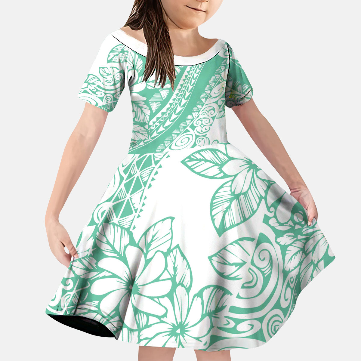 Polynesian Tiare Flower Cyan Pastel Vibes Kid Short Sleeve Dress LT14 KID Cyan - Polynesian Pride
