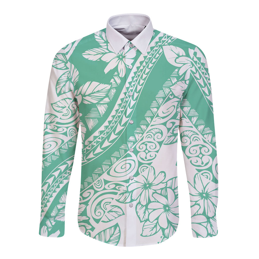 Polynesian Tiare Flower Cyan Pastel Vibes Long Sleeve Button Shirt LT14 Unisex Cyan - Polynesian Pride