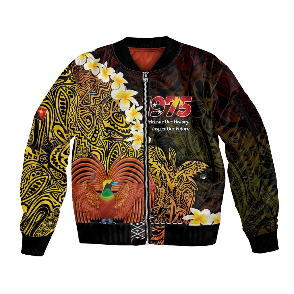 Papua New Guinea 1975 Sleeve Zip Bomber Jacket Create Our History Inspire Our Future LT14 Unisex Black - Polynesian Pride