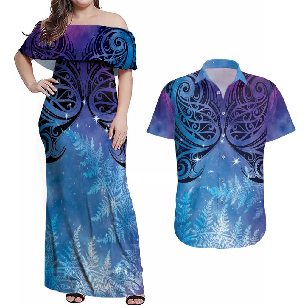 New Zealand Matariki Couples Matching Off Shoulder Maxi Dress and Hawaiian Shirt Aotearoa Maori New Year Galaxy Maori Silver Fern