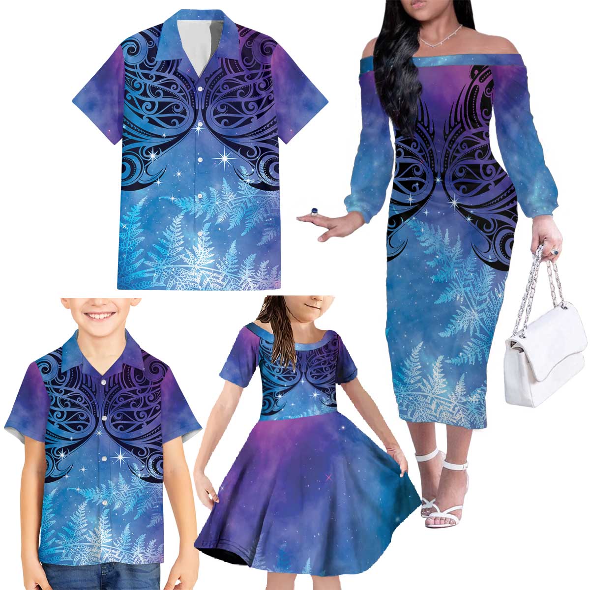 New Zealand Matariki Family Matching Off The Shoulder Long Sleeve Dress and Hawaiian Shirt Aotearoa Maori New Year Galaxy Maori Silver Fern