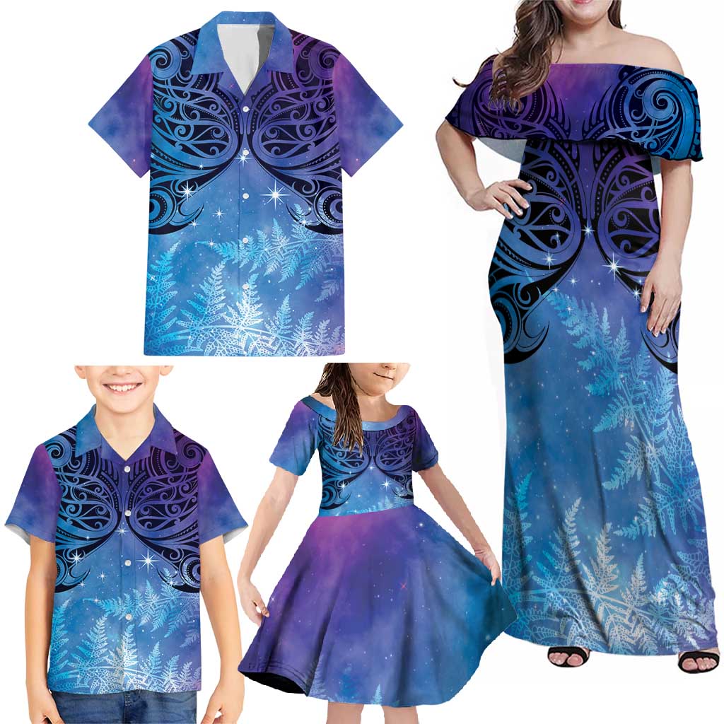 New Zealand Matariki Family Matching Off Shoulder Maxi Dress and Hawaiian Shirt Aotearoa Maori New Year Galaxy Maori Silver Fern