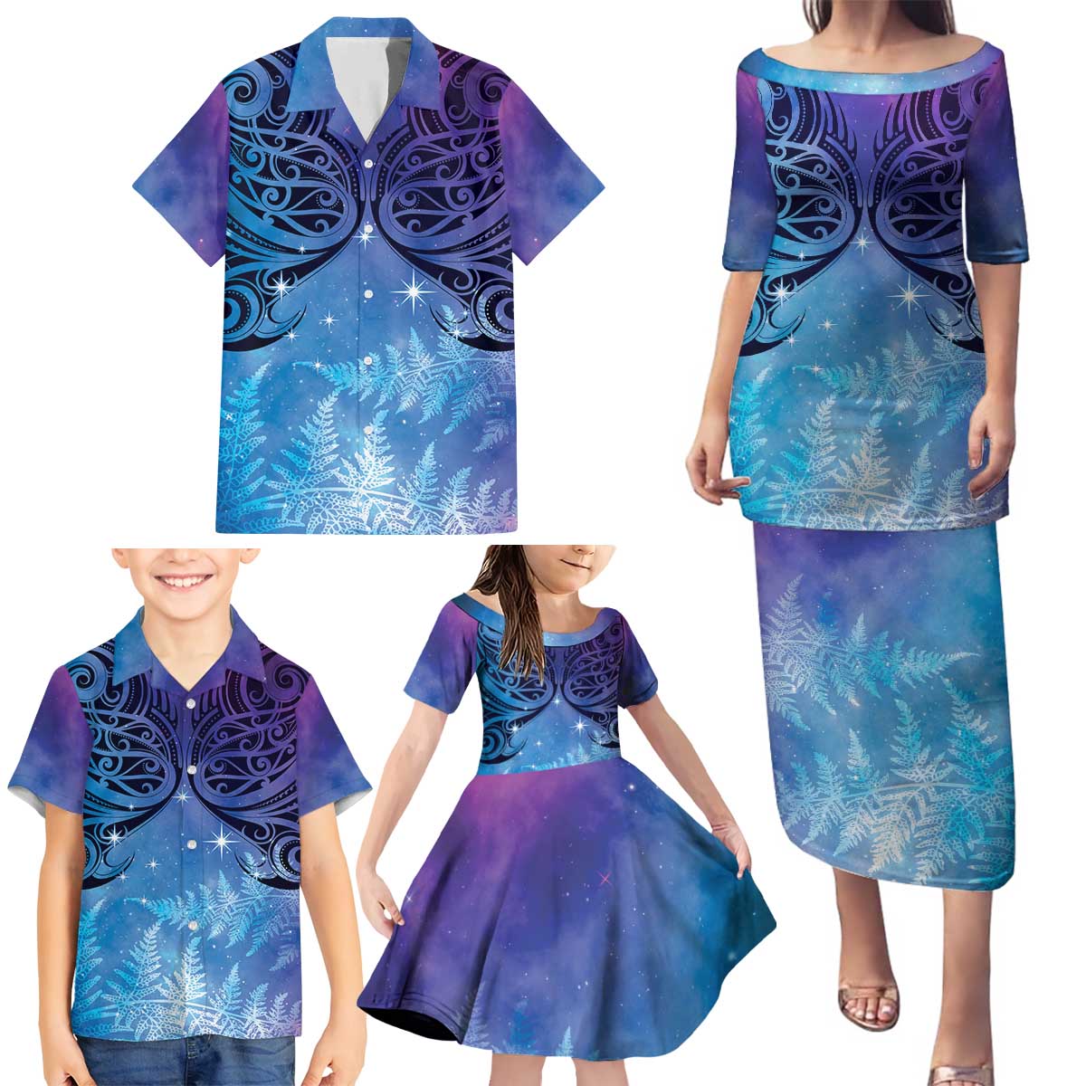 New Zealand Matariki Family Matching Puletasi and Hawaiian Shirt Aotearoa Maori New Year Galaxy Maori Silver Fern