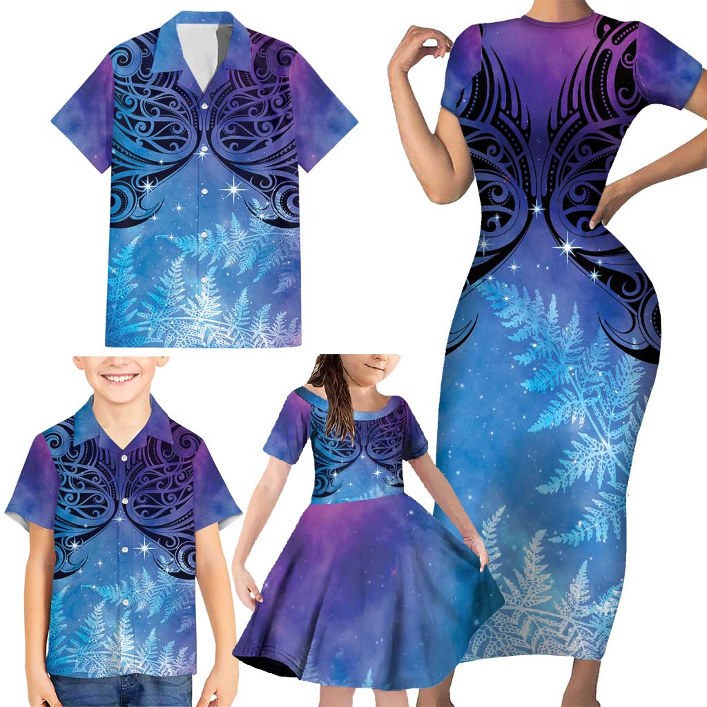 New Zealand Matariki Family Matching Short Sleeve Bodycon Dress and Hawaiian Shirt Aotearoa Maori New Year Galaxy Maori Silver Fern