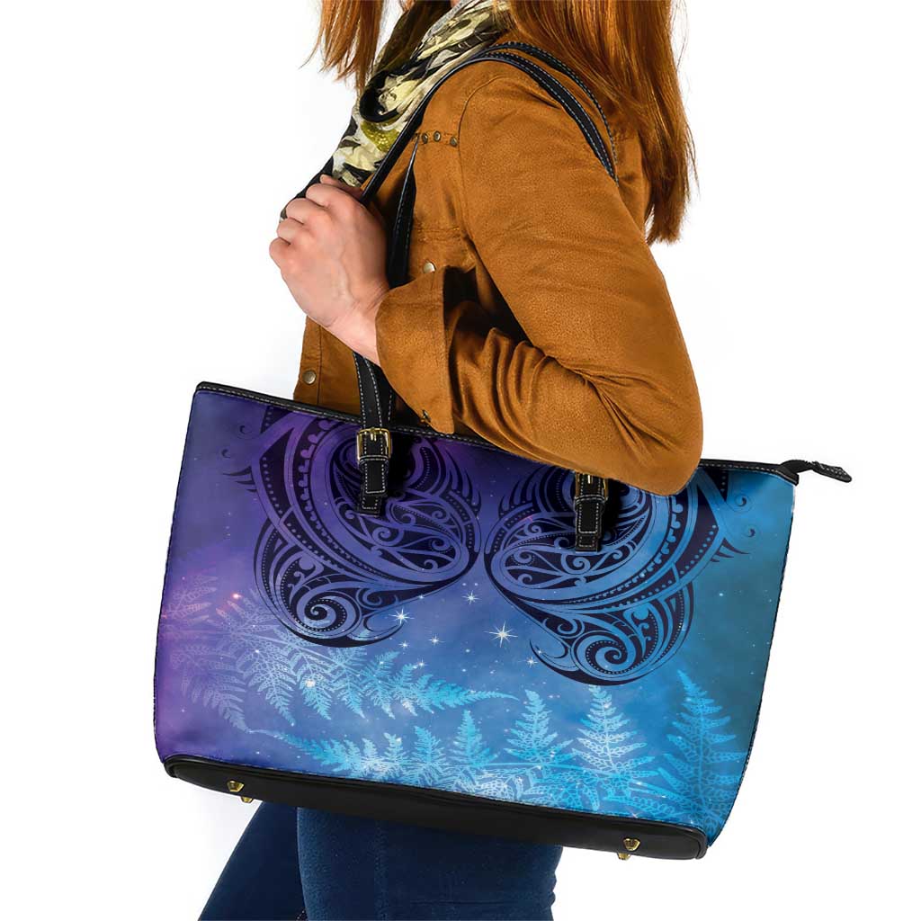 New Zealand Matariki Leather Tote Bag Aotearoa Maori New Year Galaxy Maori Silver Fern