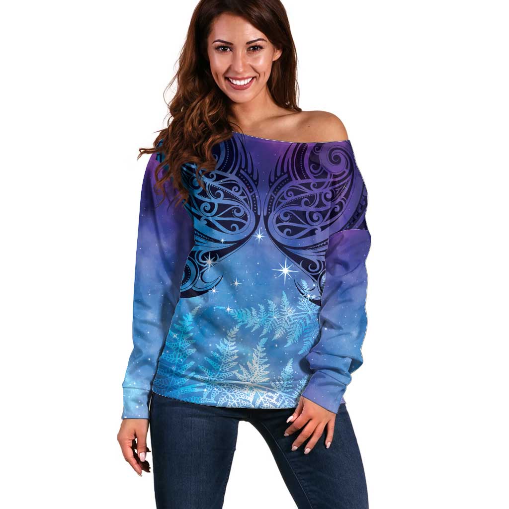 New Zealand Matariki Off Shoulder Sweater Aotearoa Maori New Year Galaxy Maori Silver Fern LT14 Women Blue - Polynesian Pride