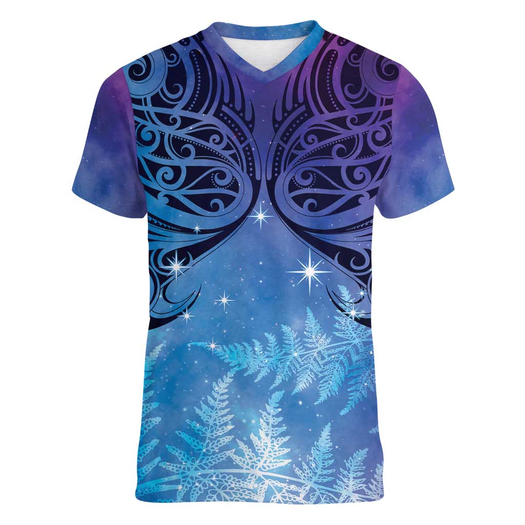 New Zealand Matariki Women V-Neck T-Shirt Aotearoa Maori New Year Galaxy Maori Silver Fern