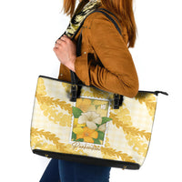 Aloha Hawaii Puakenikeni Leather Tote Bag Hawaiian Lei Palaka Motifs Stylized Stamp LT14 Yellow - Polynesian Pride