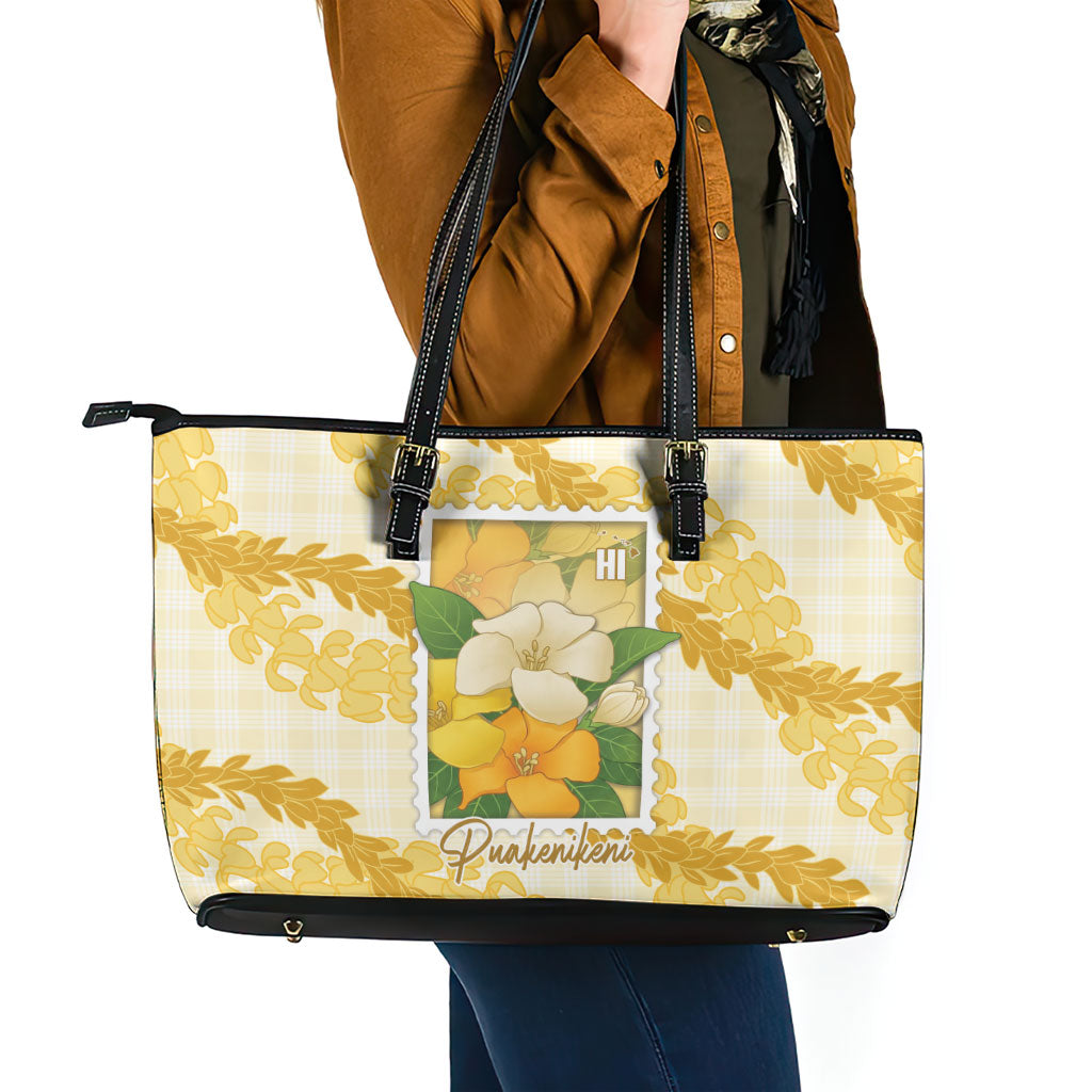 Aloha Hawaii Puakenikeni Leather Tote Bag Hawaiian Lei Palaka Motifs Stylized Stamp LT14 - Polynesian Pride