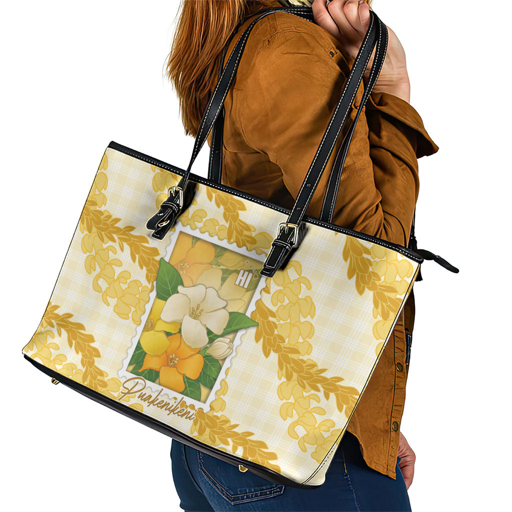 Aloha Hawaii Puakenikeni Leather Tote Bag Hawaiian Lei Palaka Motifs Stylized Stamp LT14 - Polynesian Pride