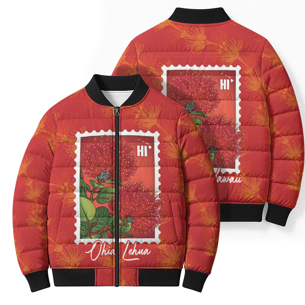 Aloha Hawaii Ohia Lehua Bomber Puffer Jacket Hawaiian Lei Stylized Stamp LT14 - Polynesian Pride