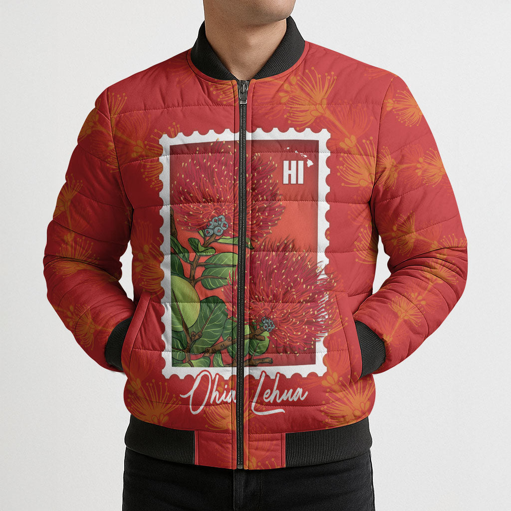 Aloha Hawaii Ohia Lehua Bomber Puffer Jacket Hawaiian Lei Stylized Stamp LT14 - Polynesian Pride
