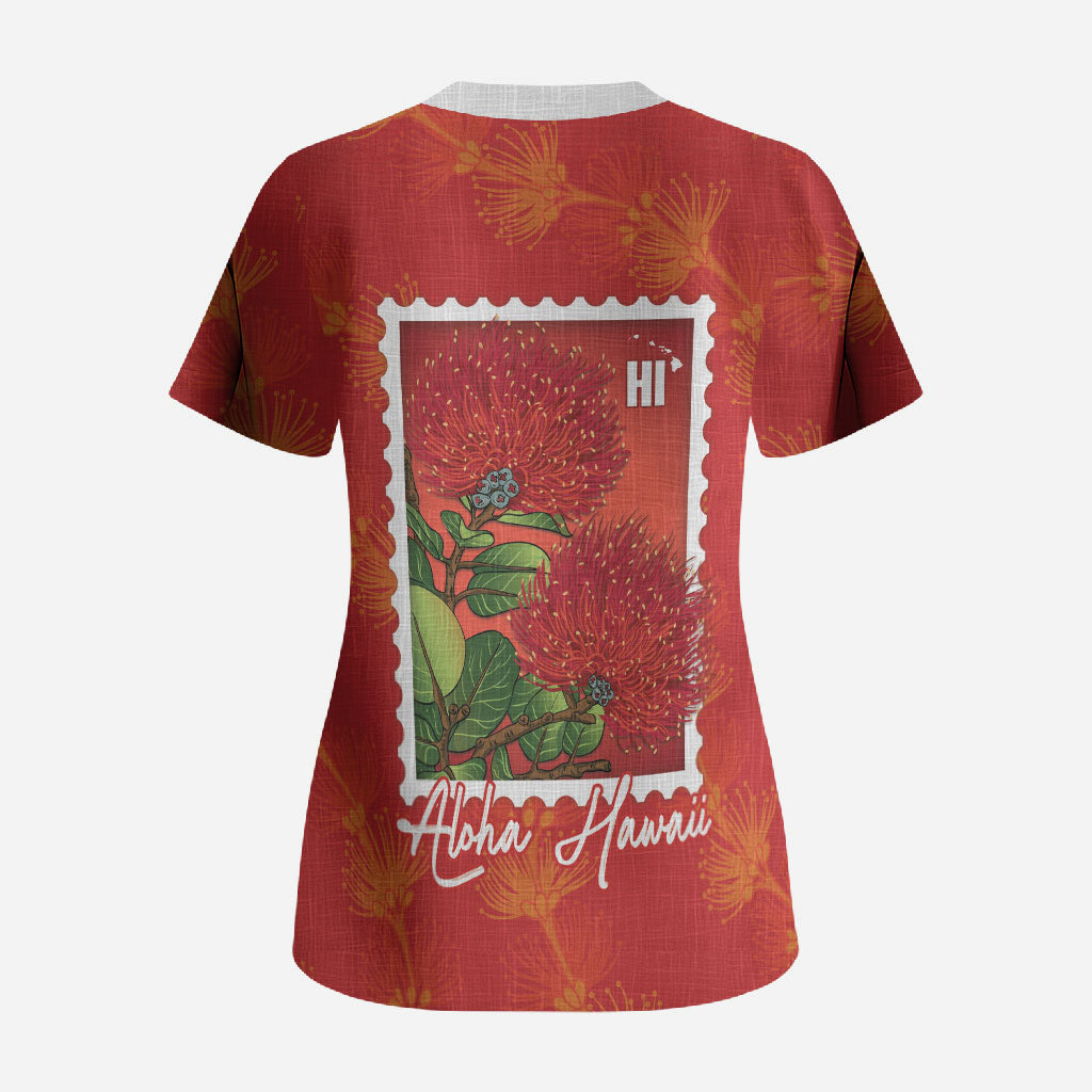 Aloha Hawaii Ohia Lehua Scrub Top Hawaiian Lei Stylized Stamp LT14 - Polynesian Pride