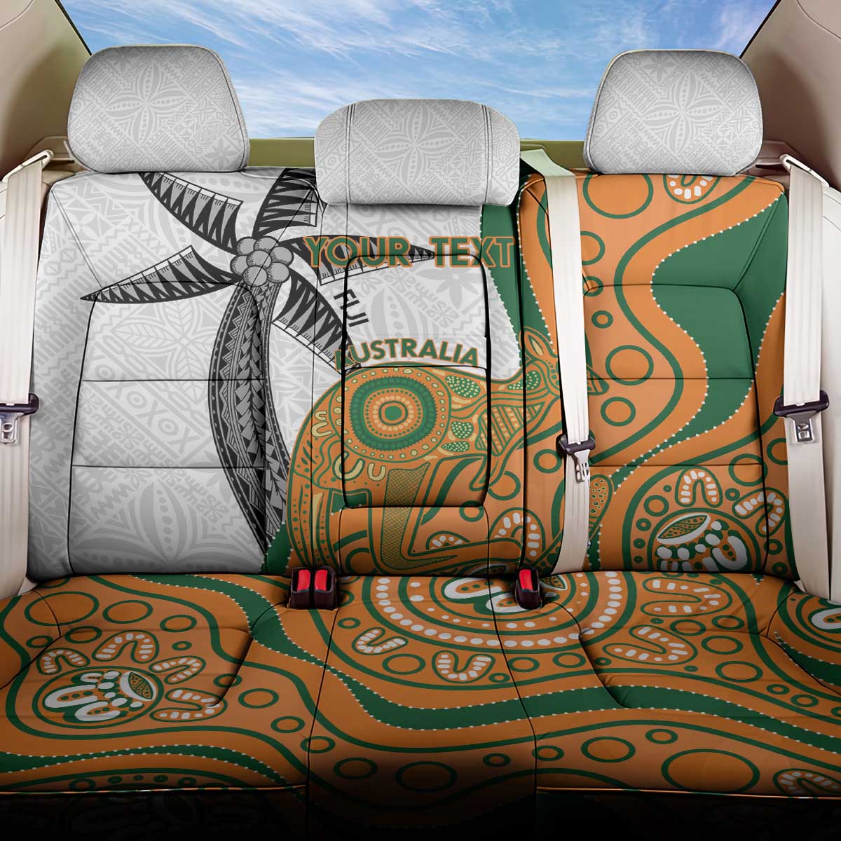 Custom Fiji And Australia Rugby Back Car Seat Cover Fijian Palm Tree Mix Aussie Kangaroo LT14 One Size Gold - Polynesian Pride