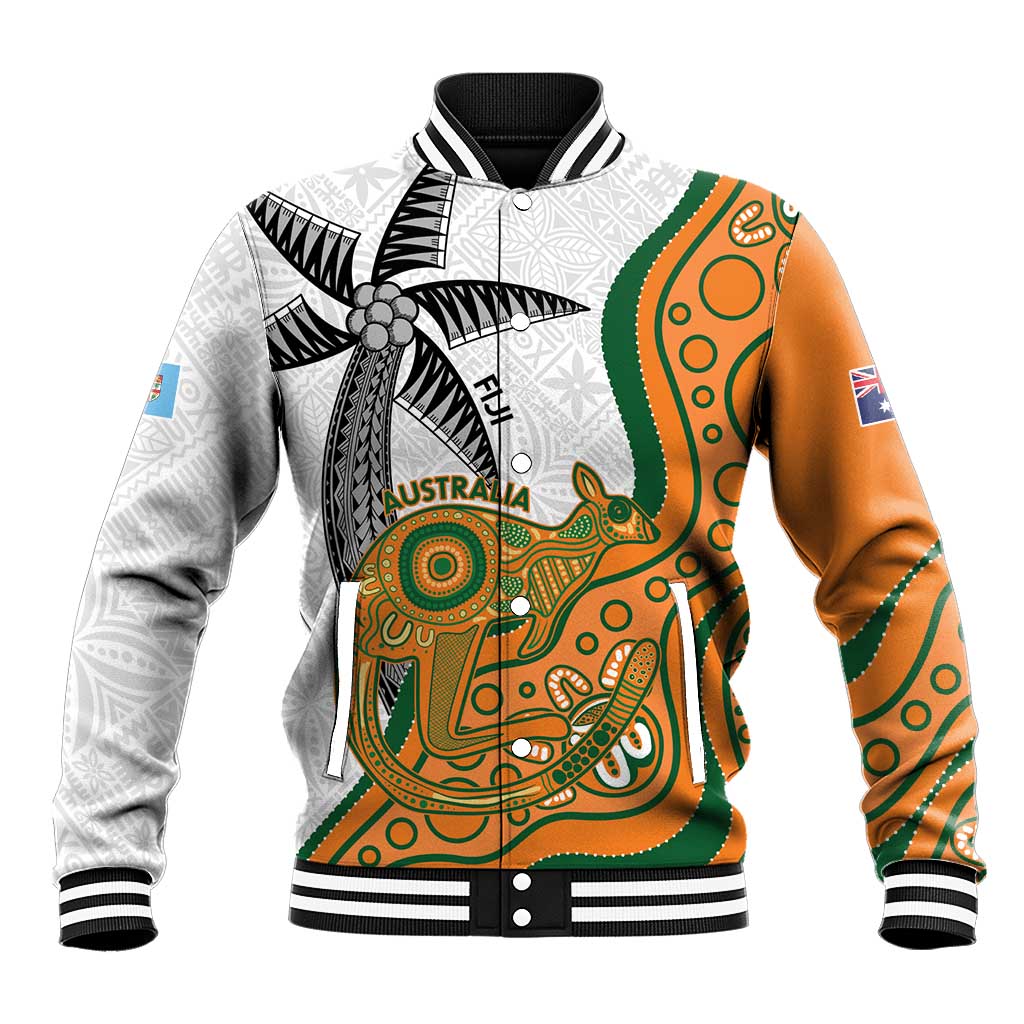 Custom Fiji And Australia Rugby Baseball Jacket Fijian Palm Tree Mix Aussie Kangaroo LT14 Unisex Gold - Polynesian Pride