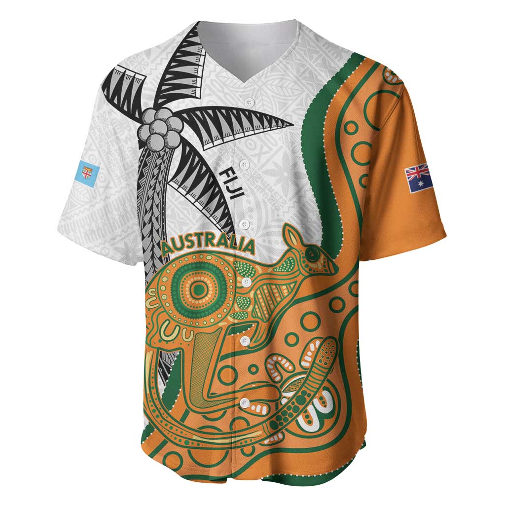 Custom Fiji And Australia Rugby Baseball Jersey Fijian Palm Tree Mix Aussie Kangaroo LT14 Gold - Polynesian Pride