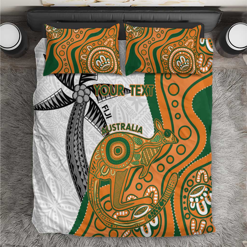Custom Fiji And Australia Rugby Bedding Set Fijian Palm Tree Mix Aussie Kangaroo LT14 Gold - Polynesian Pride
