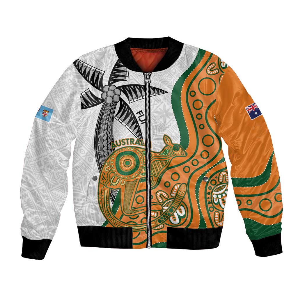 Custom Fiji And Australia Rugby Bomber Jacket Fijian Palm Tree Mix Aussie Kangaroo LT14 Unisex Gold - Polynesian Pride