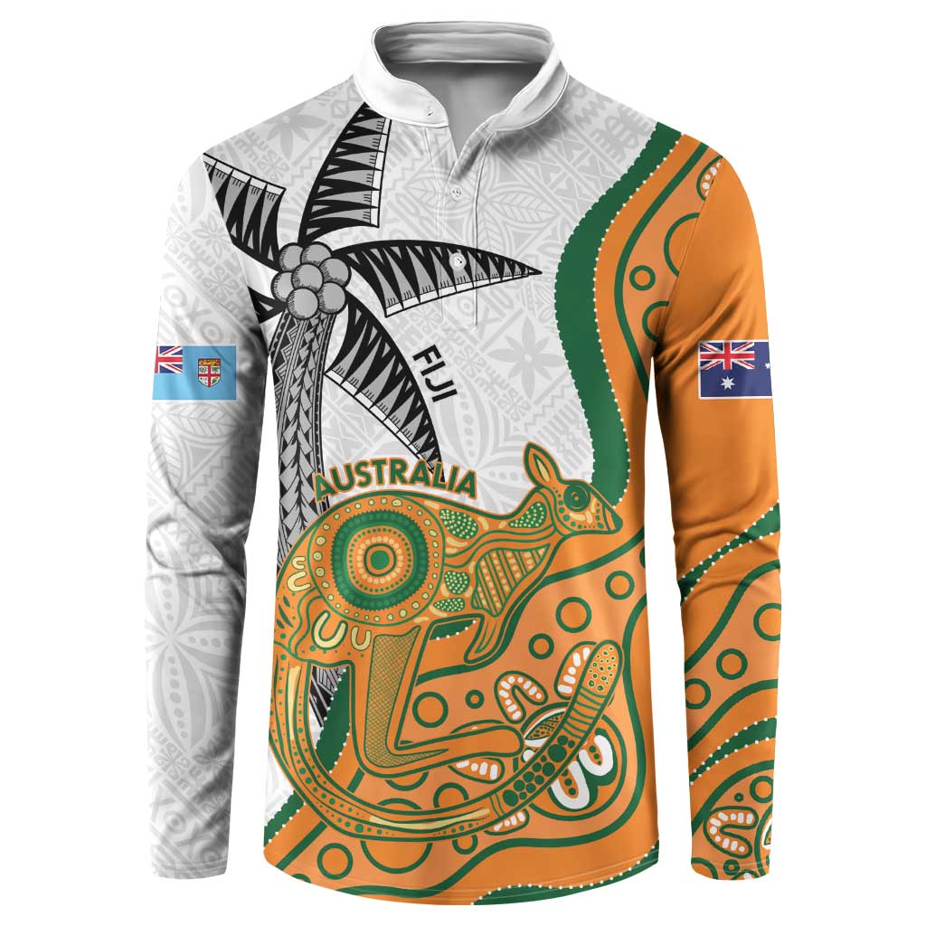 Custom Fiji And Australia Rugby Button Sweatshirt Fijian Palm Tree Mix Aussie Kangaroo LT14 Gold - Polynesian Pride