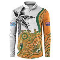 Custom Fiji And Australia Rugby Button Sweatshirt Fijian Palm Tree Mix Aussie Kangaroo LT14 Gold - Polynesian Pride