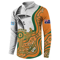 Custom Fiji And Australia Rugby Button Sweatshirt Fijian Palm Tree Mix Aussie Kangaroo LT14 - Polynesian Pride