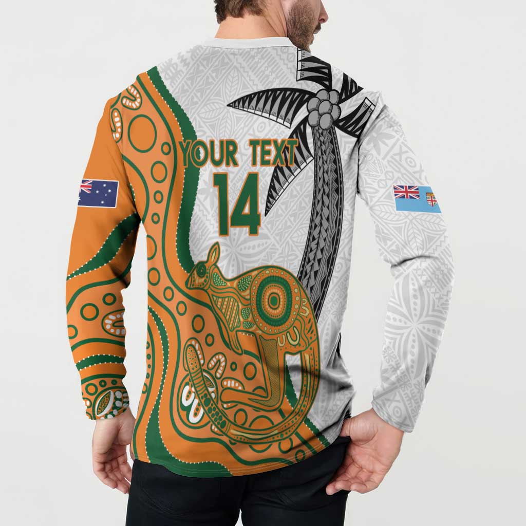 Custom Fiji And Australia Rugby Button Sweatshirt Fijian Palm Tree Mix Aussie Kangaroo LT14 - Polynesian Pride