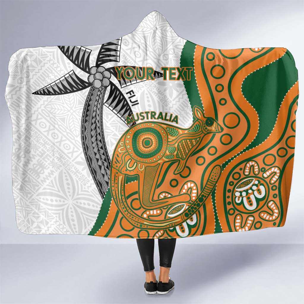 Custom Fiji And Australia Rugby Hooded Blanket Fijian Palm Tree Mix Aussie Kangaroo LT14 One Size Gold - Polynesian Pride