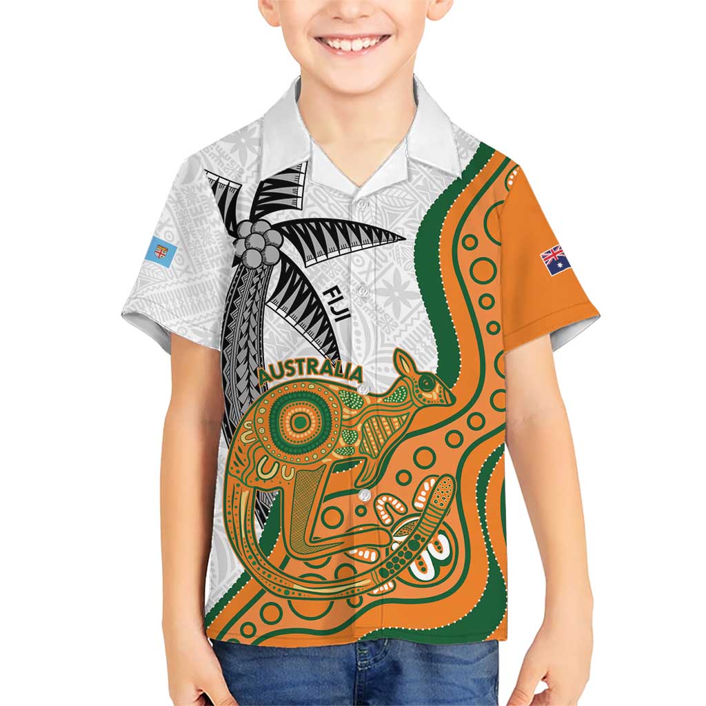 Custom Fiji And Australia Rugby Kid Hawaiian Shirt Fijian Palm Tree Mix Aussie Kangaroo LT14 Kid Gold - Polynesian Pride