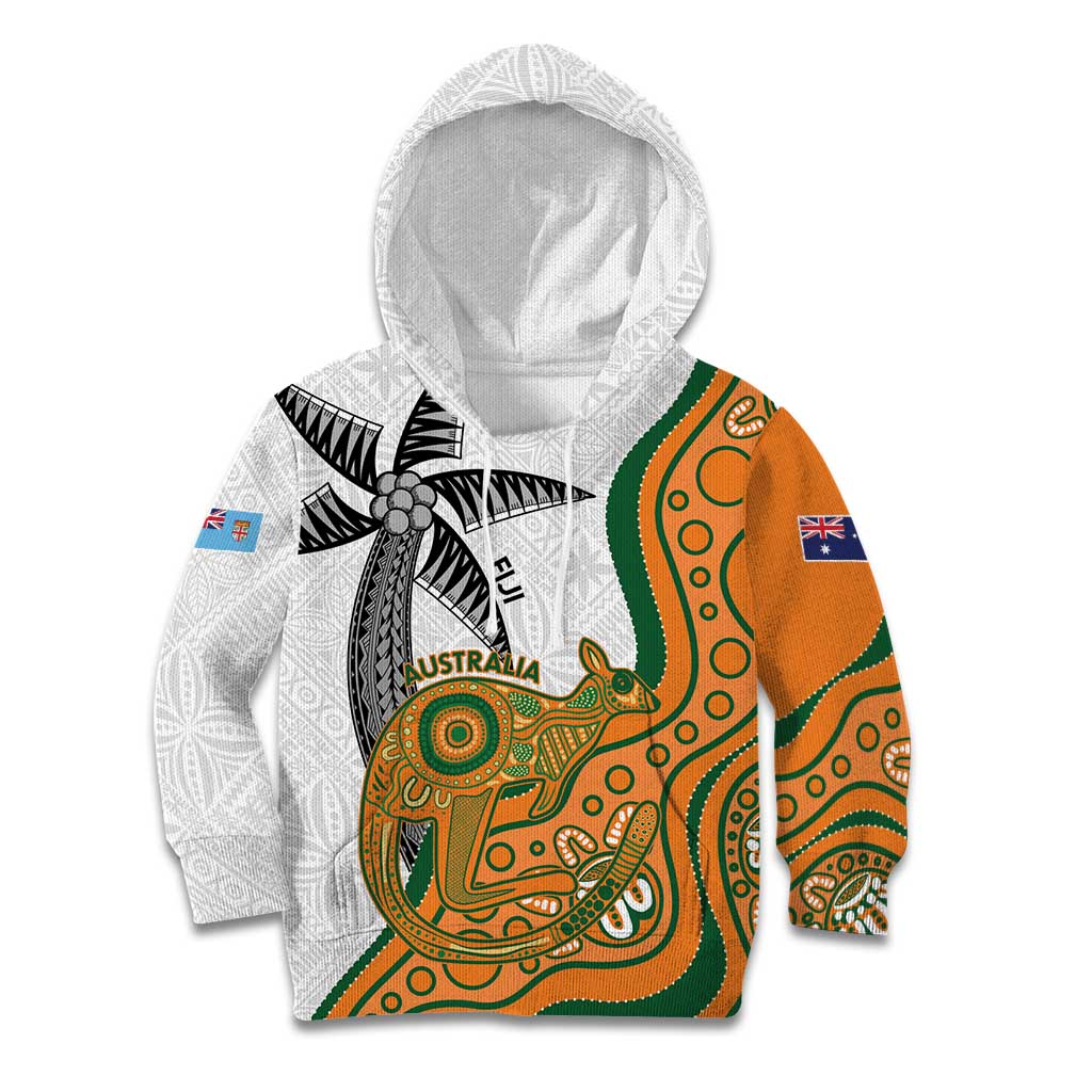 Custom Fiji And Australia Rugby Kid Hoodie Fijian Palm Tree Mix Aussie Kangaroo LT14 Hoodie Gold - Polynesian Pride