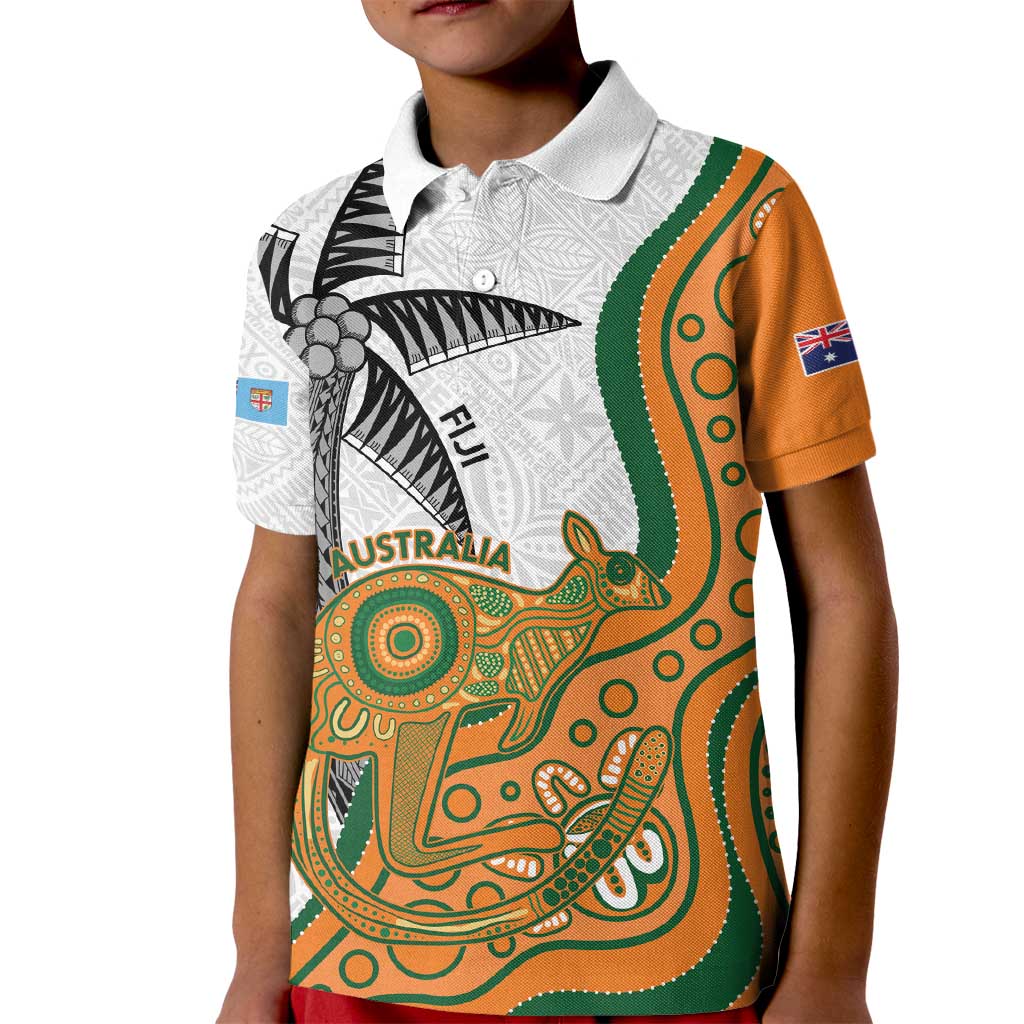 Custom Fiji And Australia Rugby Kid Polo Shirt Fijian Palm Tree Mix Aussie Kangaroo LT14 Kid Gold - Polynesian Pride