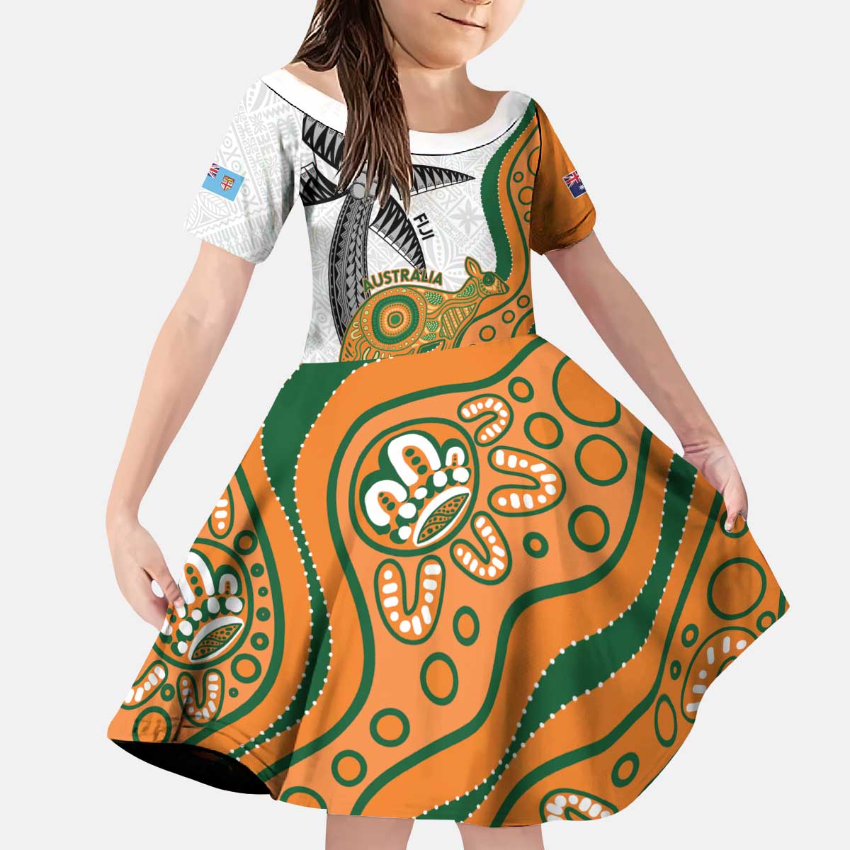 Custom Fiji And Australia Rugby Kid Short Sleeve Dress Fijian Palm Tree Mix Aussie Kangaroo LT14 KID Gold - Polynesian Pride
