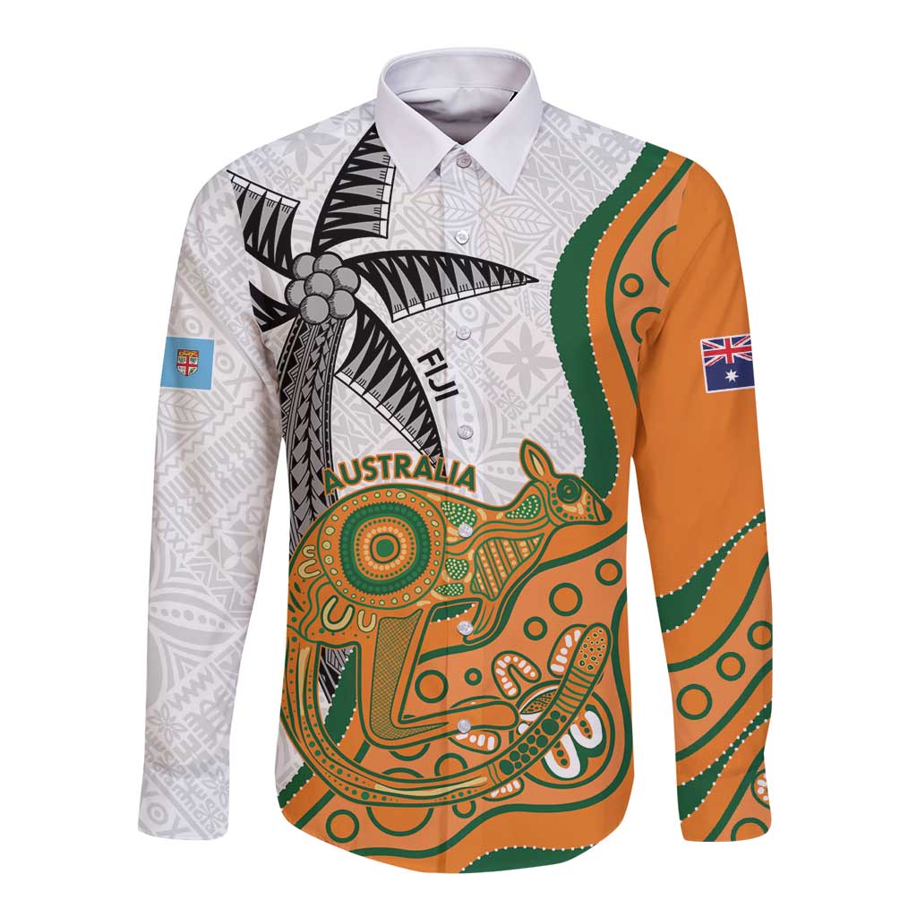 Custom Fiji And Australia Rugby Long Sleeve Button Shirt Fijian Palm Tree Mix Aussie Kangaroo LT14 Unisex Gold - Polynesian Pride
