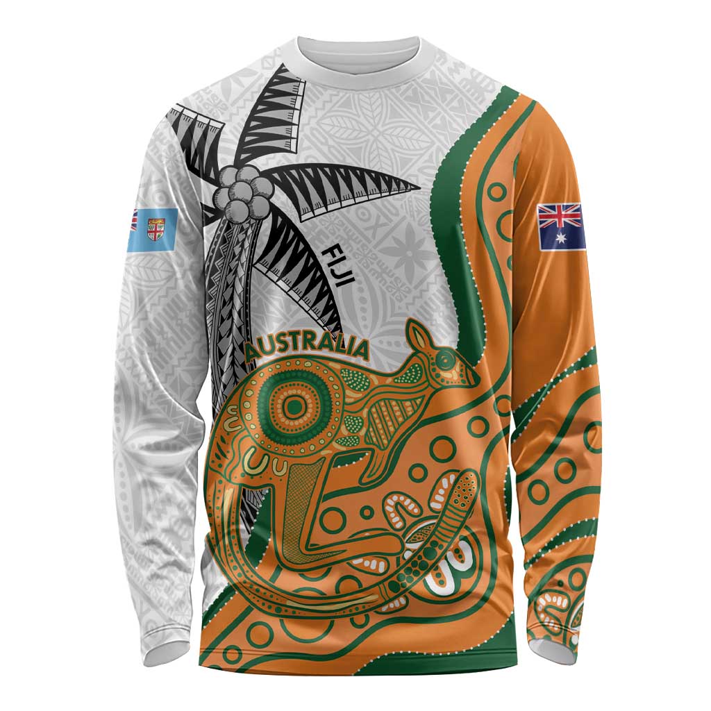 Custom Fiji And Australia Rugby Long Sleeve Shirt Fijian Palm Tree Mix Aussie Kangaroo LT14 Unisex Gold - Polynesian Pride