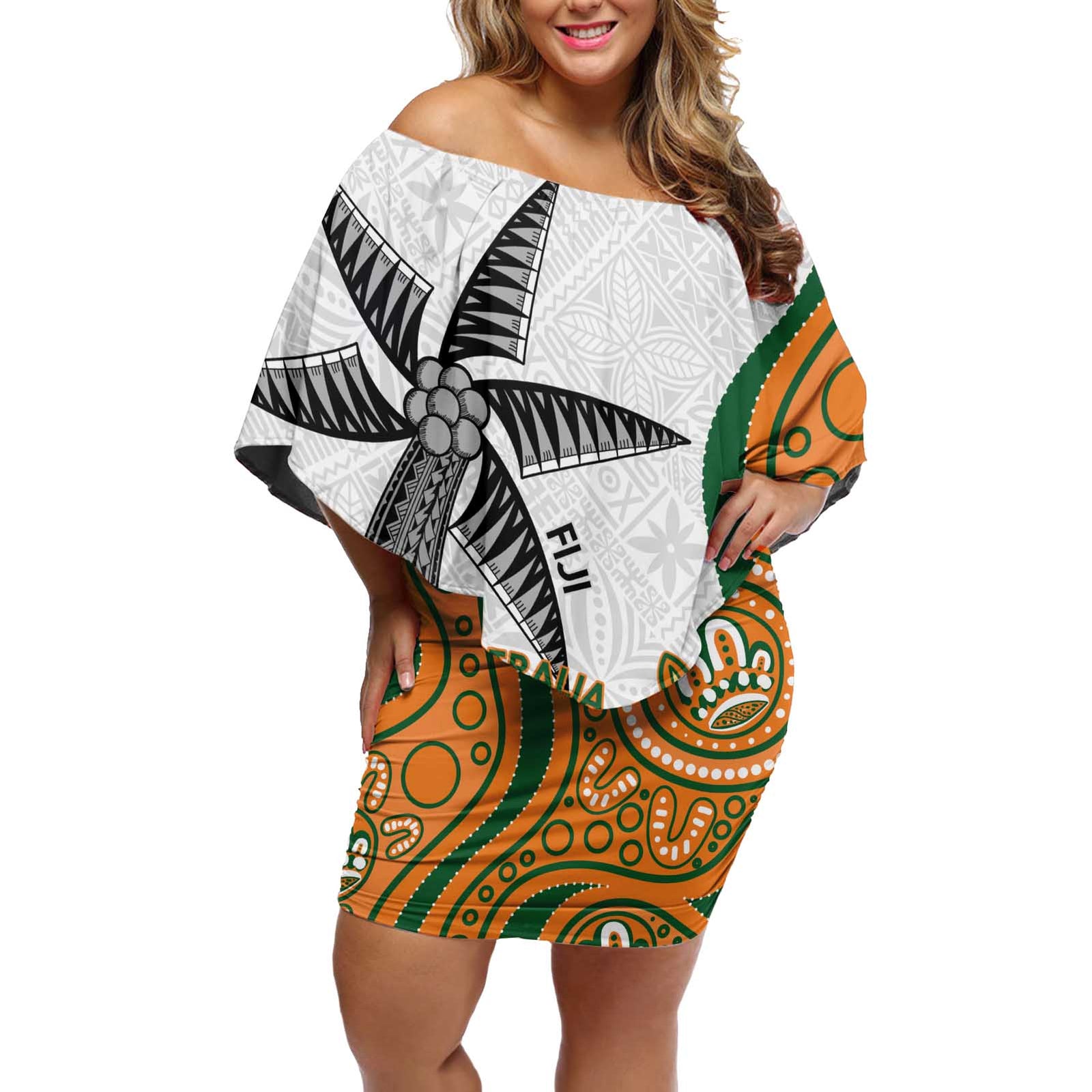 Custom Fiji And Australia Rugby Off Shoulder Short Dress Fijian Palm Tree Mix Aussie Kangaroo LT14 Women Gold - Polynesian Pride