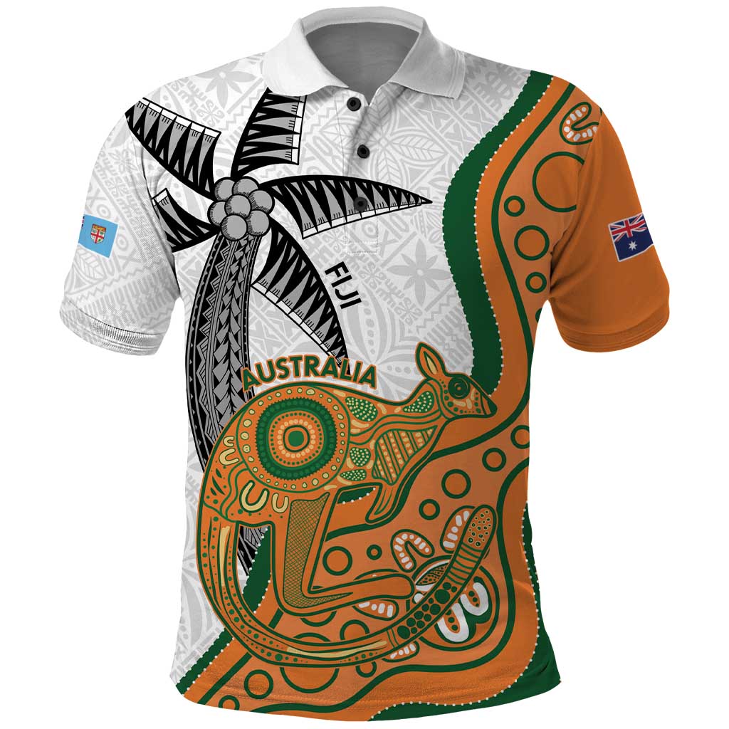 Custom Fiji And Australia Rugby Polo Shirt Fijian Palm Tree Mix Aussie Kangaroo LT14 Gold - Polynesian Pride