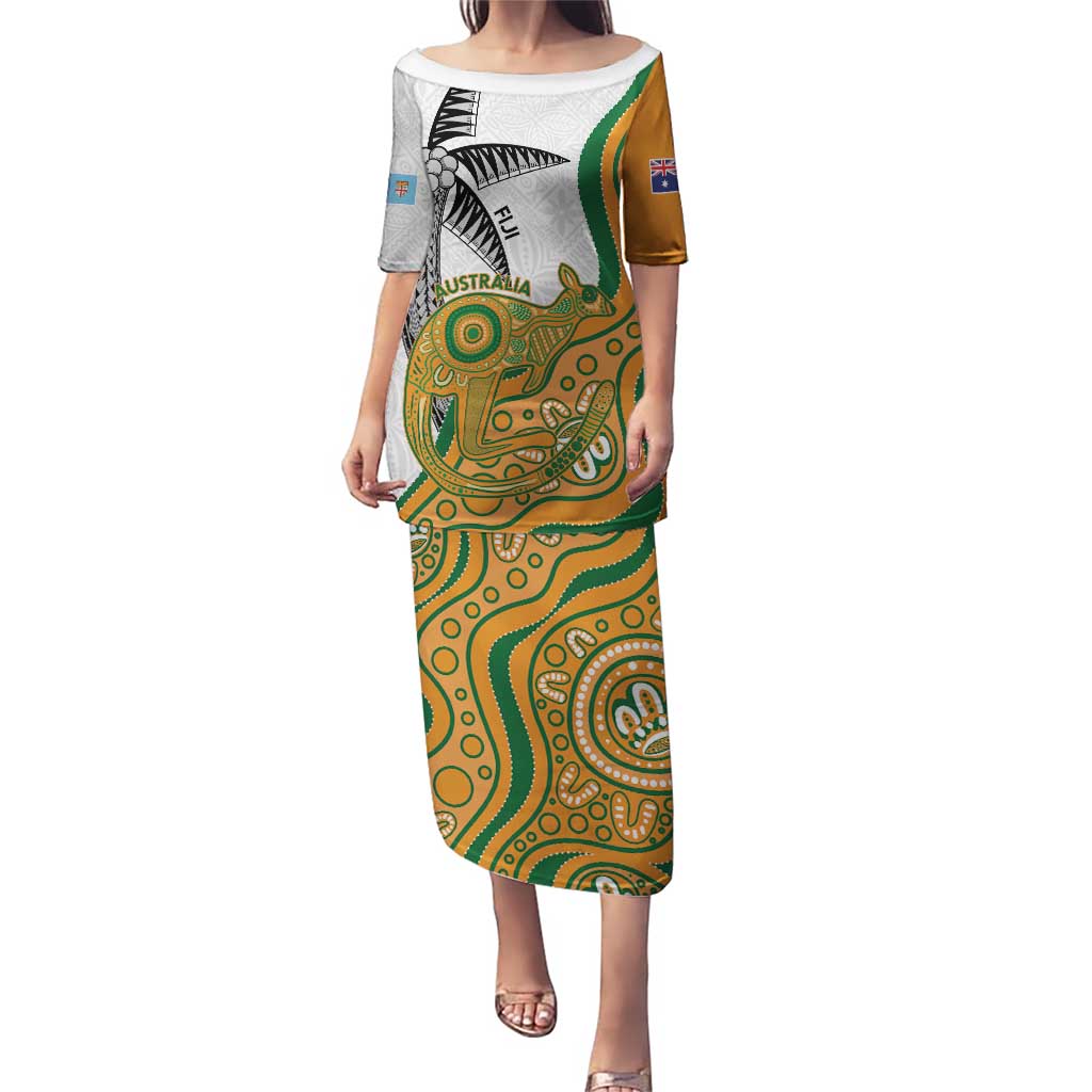 Custom Fiji And Australia Rugby Puletasi Fijian Palm Tree Mix Aussie Kangaroo LT14 Long Dress Gold - Polynesian Pride