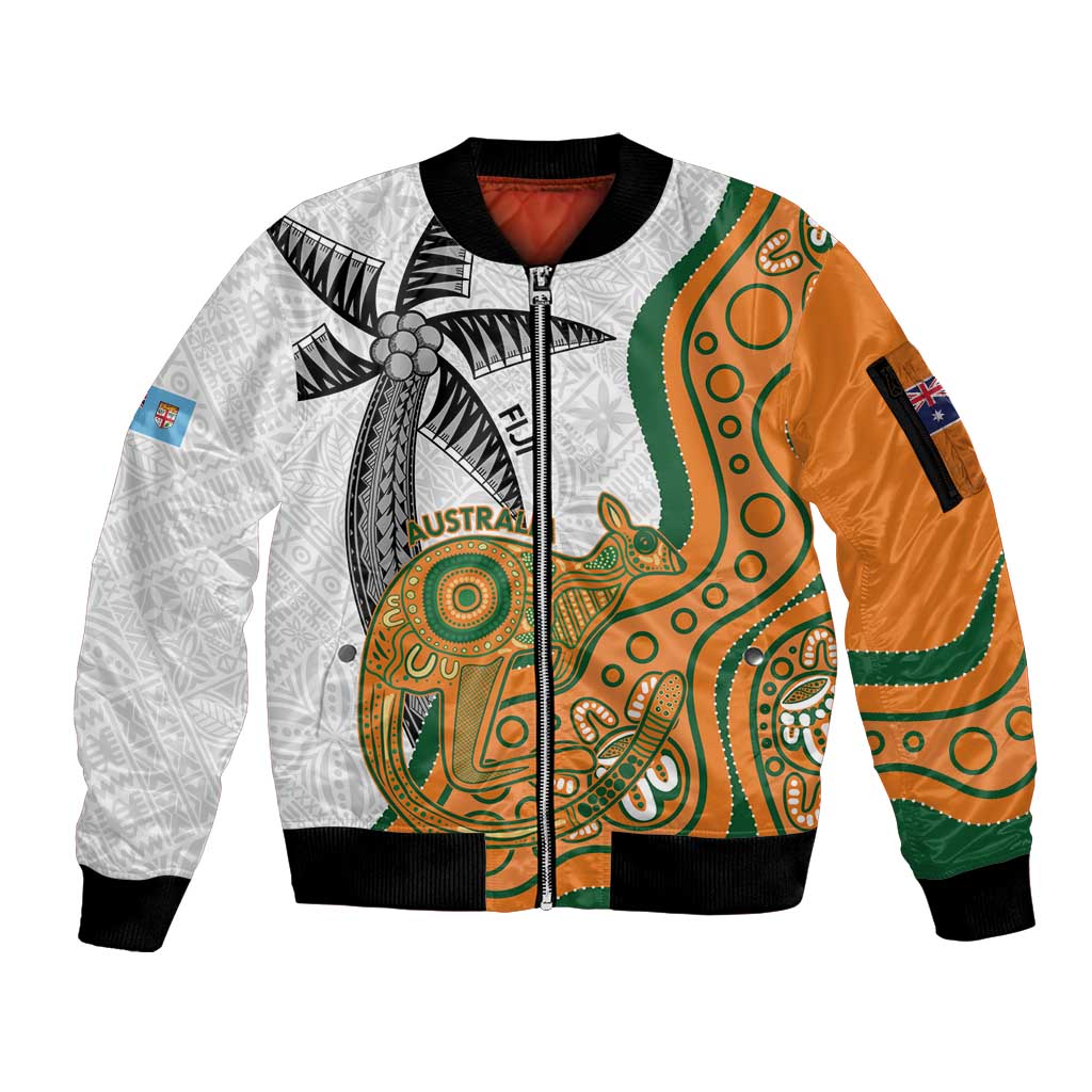 Custom Fiji And Australia Rugby Sleeve Zip Bomber Jacket Fijian Palm Tree Mix Aussie Kangaroo LT14 Unisex Gold - Polynesian Pride