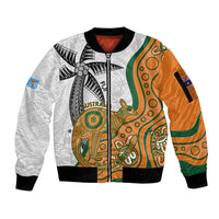 Custom Fiji And Australia Rugby Sleeve Zip Bomber Jacket Fijian Palm Tree Mix Aussie Kangaroo LT14 Unisex Gold - Polynesian Pride