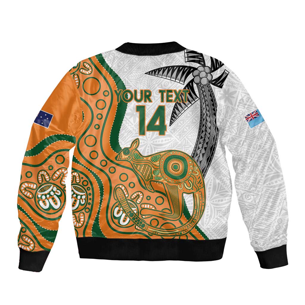Custom Fiji And Australia Rugby Sleeve Zip Bomber Jacket Fijian Palm Tree Mix Aussie Kangaroo LT14 - Polynesian Pride