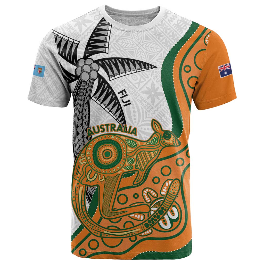 Custom Fiji And Australia Rugby T Shirt Fijian Palm Tree Mix Aussie Kangaroo LT14 Gold - Polynesian Pride
