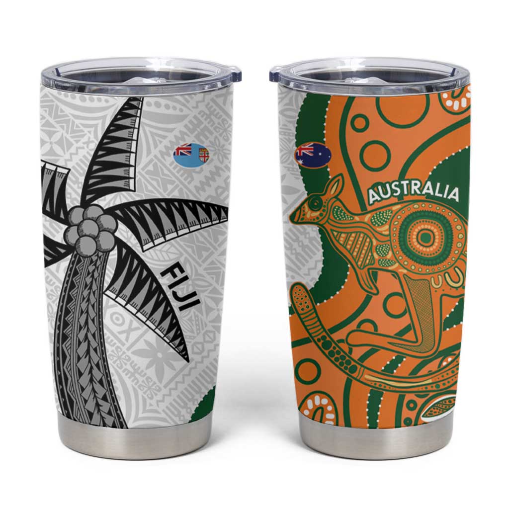 Fiji And Australia Rugby Tumbler Cup Fijian Palm Tree Mix Aussie Kangaroo LT14 Gold - Polynesian Pride