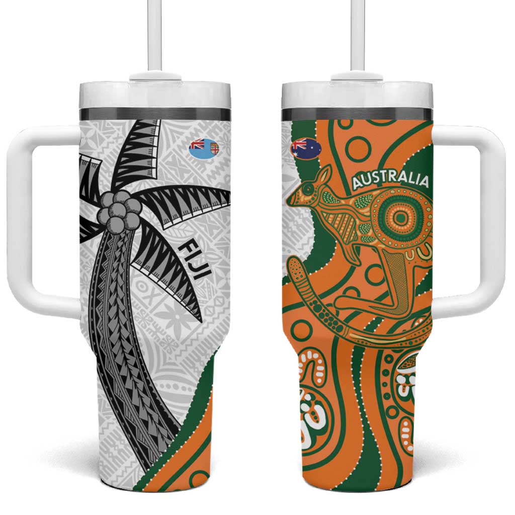 Fiji And Australia Rugby Tumbler With Handle Fijian Palm Tree Mix Aussie Kangaroo LT14 One Size: 40 oz Gold - Polynesian Pride