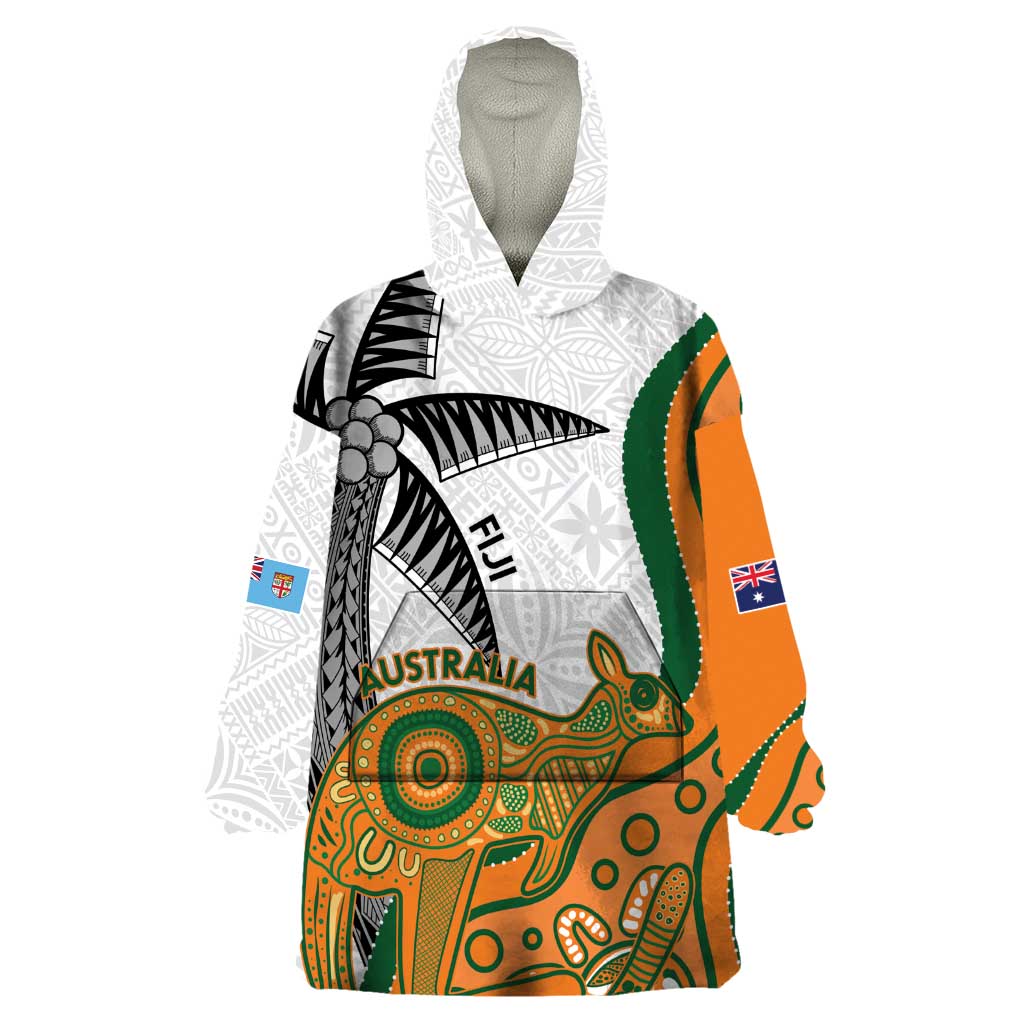 Custom Fiji And Australia Rugby Wearable Blanket Hoodie Fijian Palm Tree Mix Aussie Kangaroo LT14 One Size Gold - Polynesian Pride