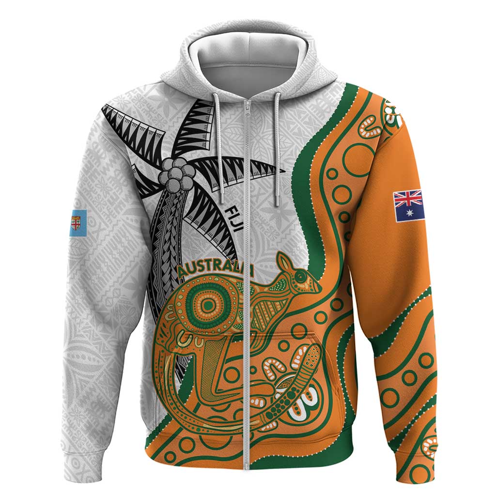 Custom Fiji And Australia Rugby Zip Hoodie Fijian Palm Tree Mix Aussie Kangaroo LT14 Zip Hoodie Gold - Polynesian Pride